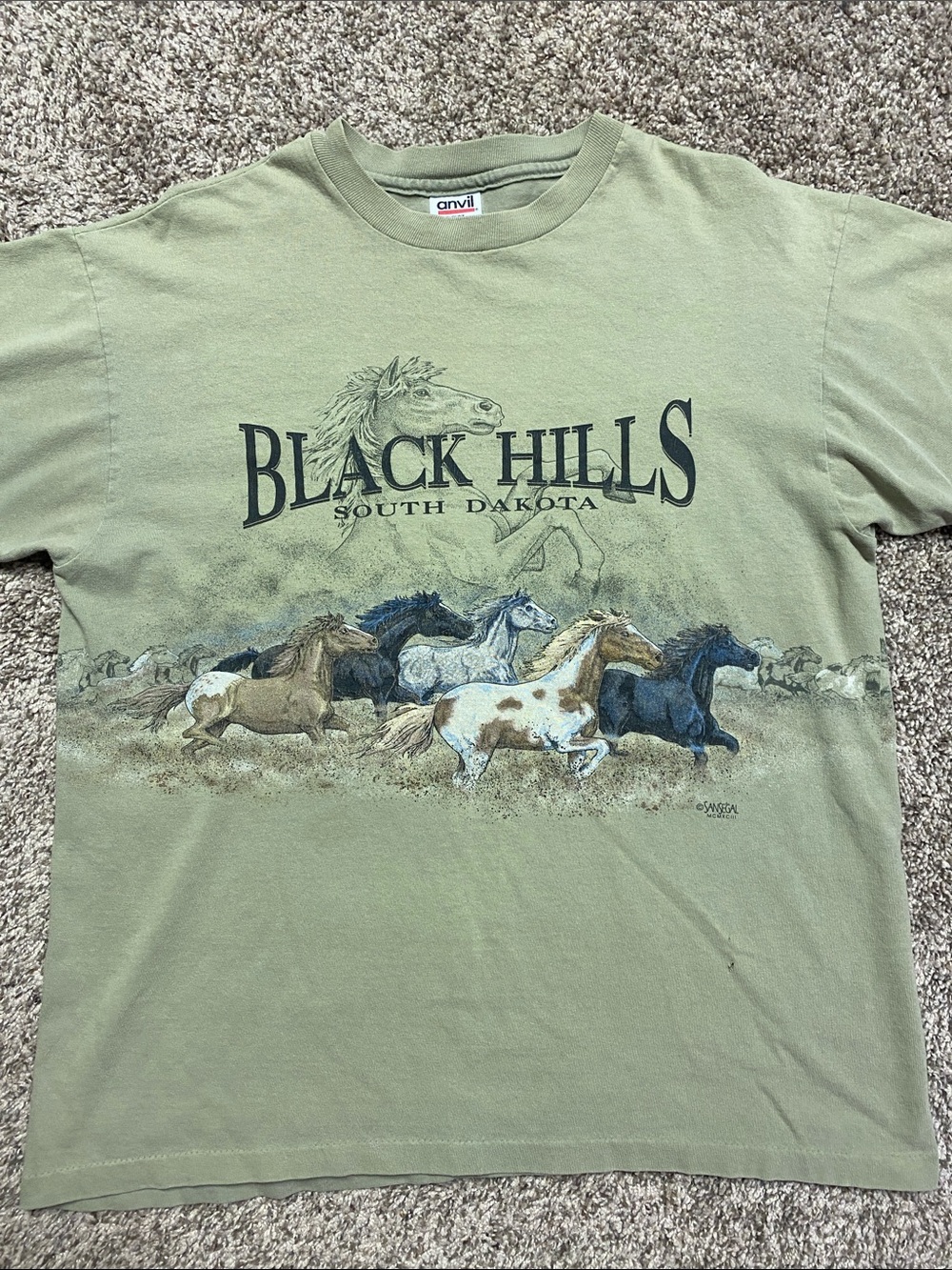 Vtg Wrap Around Anvil Green "Black Hills South Dakota" Horse Tee Large - 1501